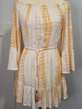 Off-Shoulder Yellow Tie-Dye Cotton Dress - Brand Unknown